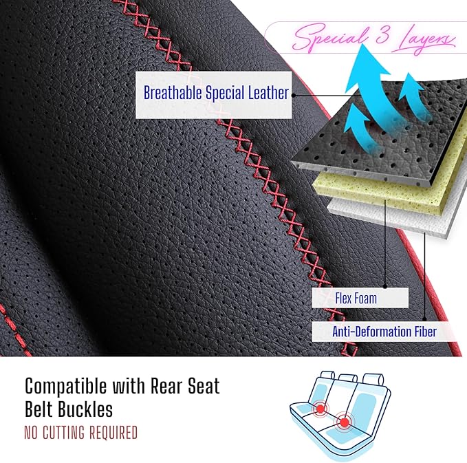 Premium Car Seat Covers Front Seat - Nappa Leather Car Seat Cover for SUV, Cars, Most Pickups, Black-Red Stitching, Car Seat Protector, Car Seat Covers Front Seats, Car Seat Protector