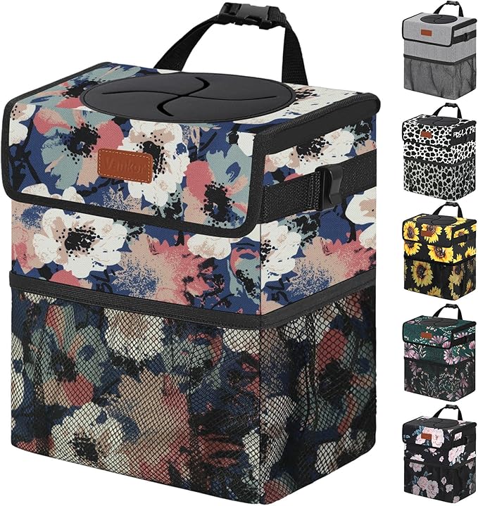 Vankor Car Trash Can for Car Cute, Trash Bag Bin Hanging Waterproof Automotive Garbage Cans Leak Proof Vehicle Trash Can Painting Floral