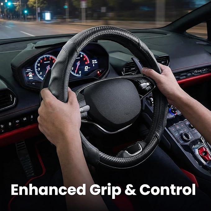 Carbon Fiber Steering Wheel Cover – 15 Inch Universal Fit for Cars & SUVs – Anti-Slip Grip, Breathable Leather Texture, Sporty Carbon Fiber Look – Premium Car Interior Accessories – Black