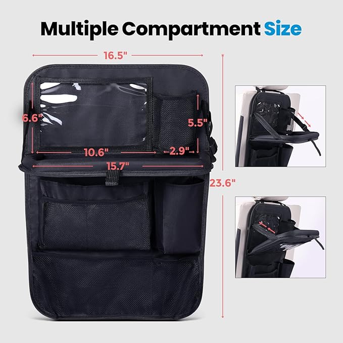 Tsumbay Backseat Car Organizer with Foldable Tray, 9 Pockets, Kick Mat Seat Protector, 18KG Capacity, Waterproof Oxford Fabric for Kids, Family Travel - for Car, SUV, Van (Oxford-2Pck)