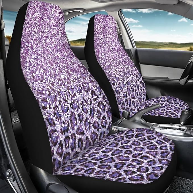 Gradient Purple Leopard Print Car Seat Cover, Design Car Seat Covers Protector, Set of 2 for Front Seats