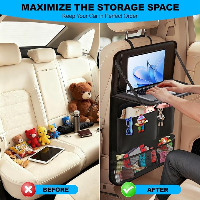 Car Backseat Organizer: Back Seat Storage Organizer for Kids with Tablet Holder, Heavy Duty Back Seat Protector with Foldable Table Tray, Kick Mats w/Pockets, Road Trip Essentials, 2 Count