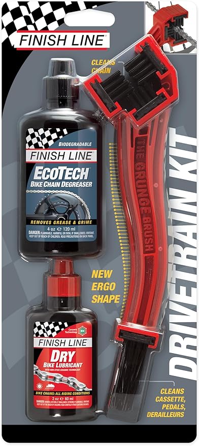 Finish Line Drivetrain Kit for Bicycles, Includes Grunge Brush, 2oz Dry Lube, 4oz EcoTech Degreaser, Complete Bike Cleaning and Lubrication System for Chains, Cassettes, and Drivetrain Components