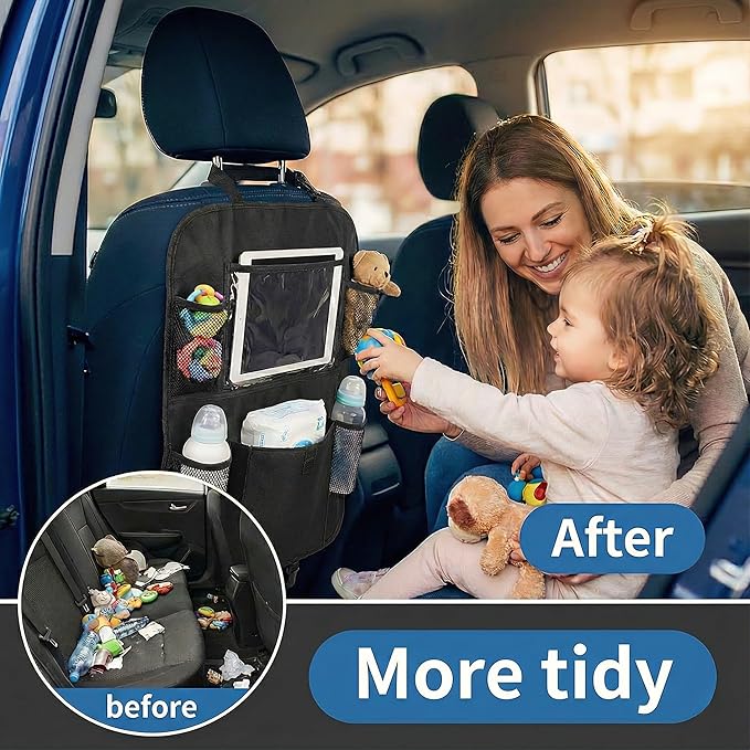 Car Backseat Organizer with 12 Storage Pockets, 12" Touch Screen Tablet Holder, Waterproof Kick Mats Seat Protector, Car Organizers and Storage for Kids, Road Trip Essentials（2 Pack，Black）