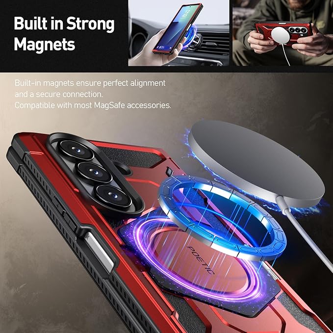 Poetic Spartan for Samsung Galaxy Z Fold 7 Case, [Hinge Protection][Magnetic Ring Adjustable Stand][Built-in Screen Protector][Compatible with MagSafe] Full-Body Rugged Phone Case, Metallic Red