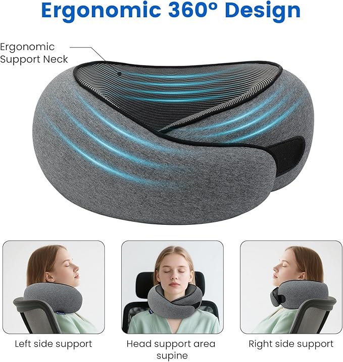 Travel Pillow Memory Foam Neck Pillow for Airplanes Long Flight Comfort 360° Support Airplane Pillow Design for Car Rides, and Home Use Travel Essentials, with Eye Mask, Earplugs and Storage Bag Large