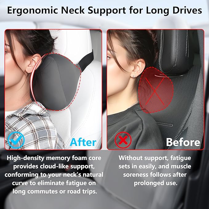 2 Pack Car Headrest Pillow for Neck Support, Breathable Ergonomic Design, Memory Foam Car Headrest Cushion Relieve Neck Pain, Universal Fit Cars SUV Sedan Home Office (Grey)