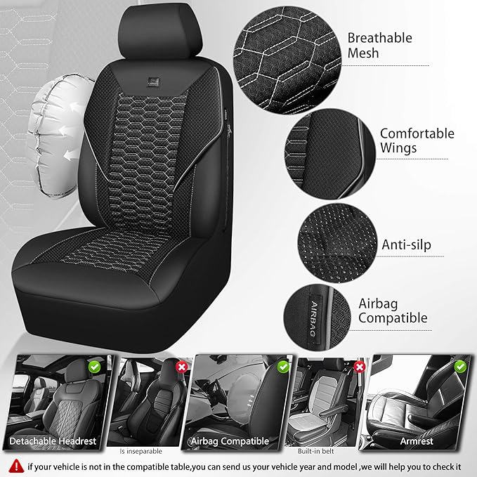 CAR PASS 3D Foam Mesh Leather Car Seat Covers Front Seats, Air Cool Mesh Front Seat Covers for Car, Universal Fit for SUV Truck Sedan Automotive, Armrest Airbag Compatible, Black and Gray