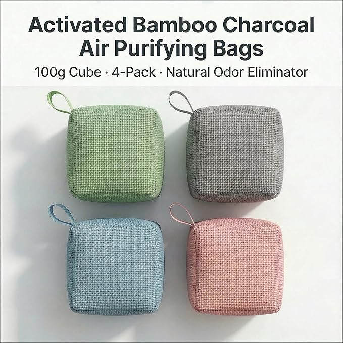 4 pack Naturally Activated Bamboo Charcoal Air Purifying Bags | Natural Home Deodorizer Bag | Charcoal Bag Odor Absorber For Pets | Odor Eliminator & Moisture Absorber Air Freshener Bag (100g Cube)