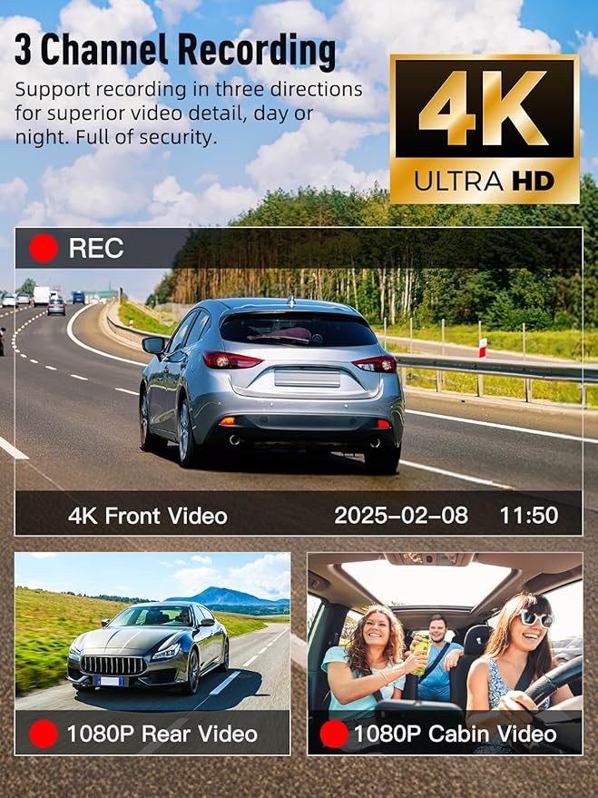3 Channel 5G WiFi Dash Cam, 4K+1080P+1080P Dash Cam Front and Rear with 64GB Card, Dash Camera for Car with HDR IR Night Vision, G-Sensor, 24/7 Parking Mode, WDR, Support 128GB Max - Gray