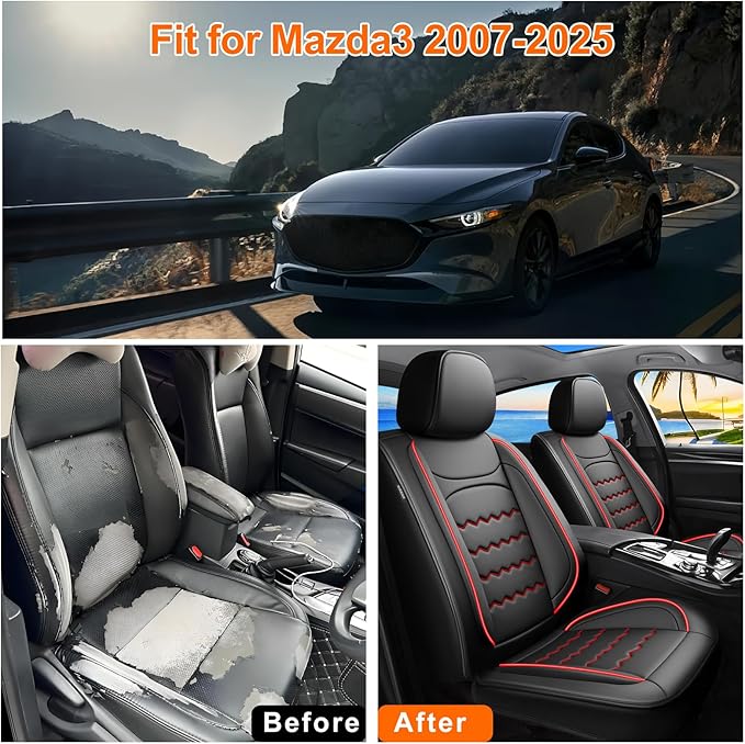 Car Seat Covers Fit for Mazda 3 2007-2026, Premium Leather, Full Coverage Leather Waterproof Breathable Seat Covers, Automotive Seat Protectors, Airbag Compatible(2 Front Seats, Black & Red)