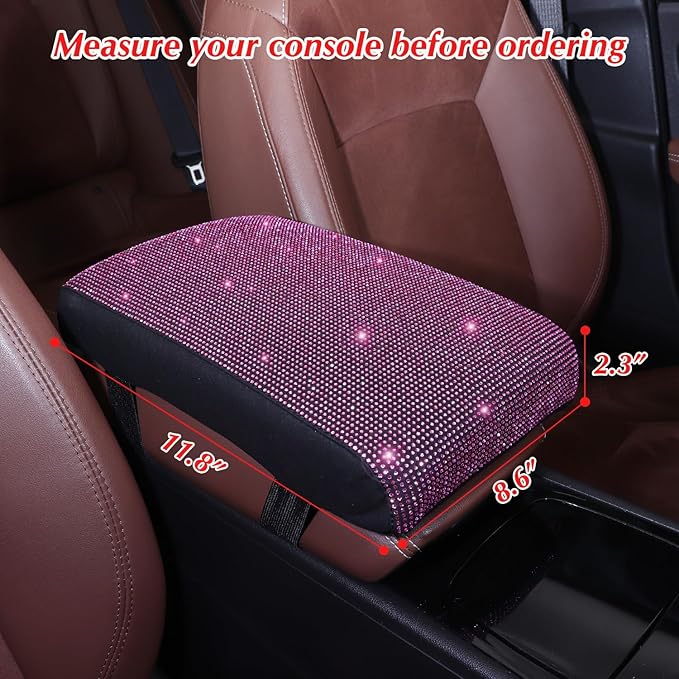 Pink Bling Car Armrest Cover with Memory Foam Cushion Pad & Rhinestones, Universal Diamond Center Console Cover for Cars, Bling Middle Console Cover, Bling Car Accessories for Women, Pink
