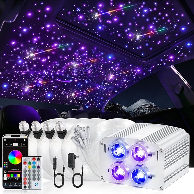 Car Starlight Headliner Kit, 4 Colors 32W Twinkle & Meteor Star Ceiling Lights, 2 in 1 Fiber Optic Light 4 Port Engine 800pcs*0.03in*13.1ft+240 RGBW Shooting Stars Lights for Car Home Roof Décor