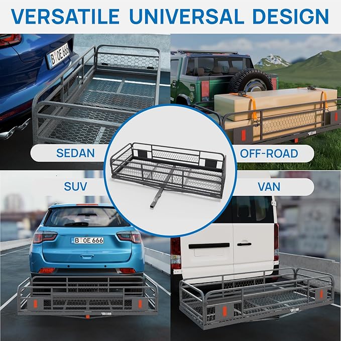 TUFFIOM 60"x24"x14" Folding Hitch Mount Cargo Carrier Basket, Upgraded 14" Height 500lbs Steel Car Cargo Trailer Hitch Luggage Rack with Straps & Stabilizer for SUV Car Truck Van