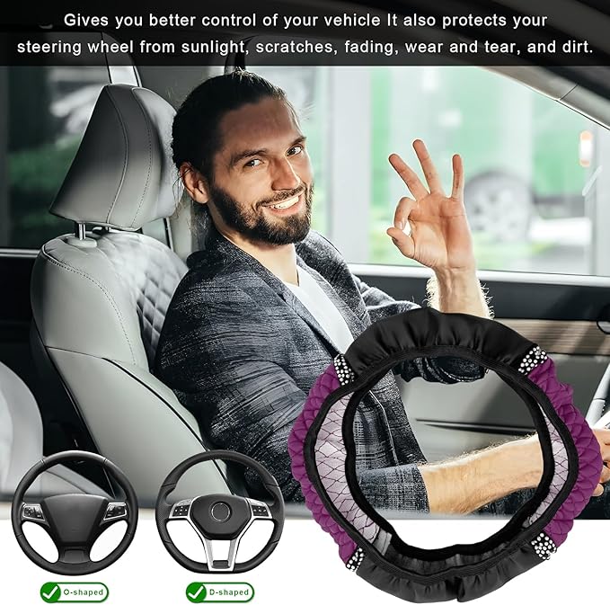 Bling Soft Leather Steering Wheel Cover, 14.5-15 Inch Sparkly Rhinestones Non-Slip Car Steering Wheel Protector, Elastic Auto Steering Wheel Cover Interior for Women Girls (Purple)