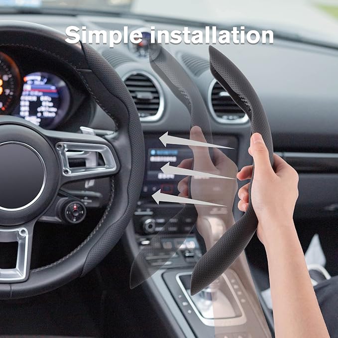 Amiss Nappa Leather Steering Wheel Cover, 2PCS Segmented Wheel Protector, Universal 99% Car Wheel Cover (Black)