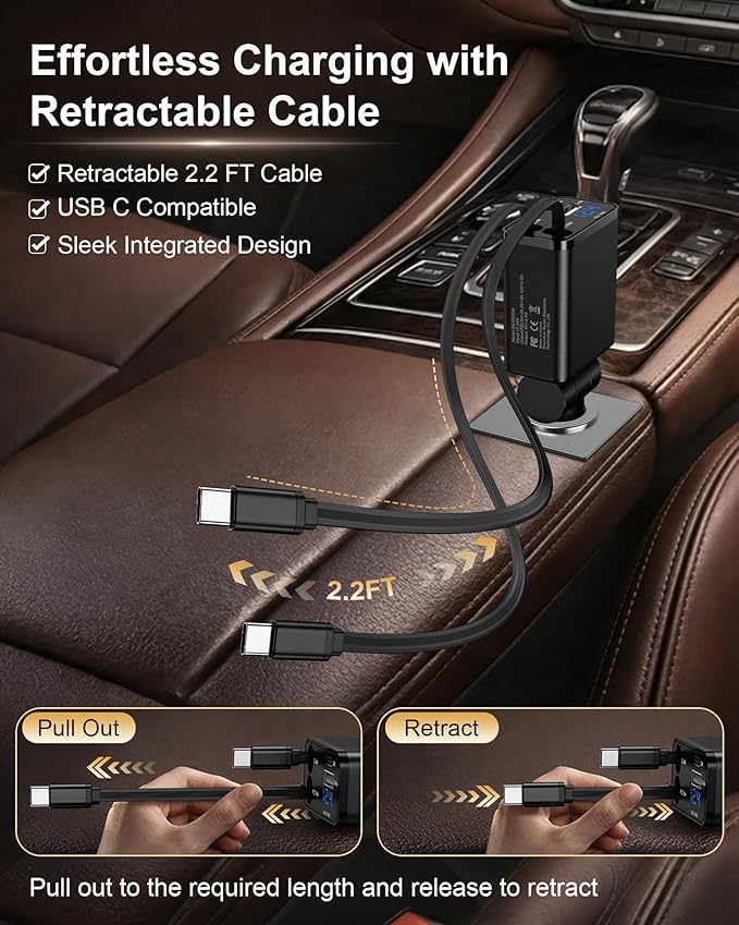 Retractable Car Charger USB-C for Samsung Galaxy S26 Ultra S26+ S25 S24 Apple iPhone 17e 17 Pro Max 16 Air, 47W Fast Car Charger Adapter + 35W Foldable Wall Plug - USB C Charging with Built-in Cables