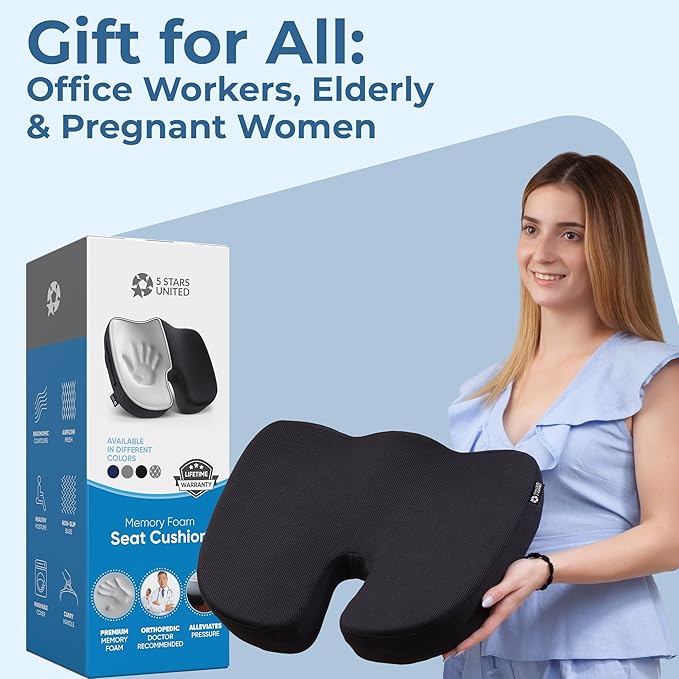 5 STARS UNITED Seat Cushion - Memory Foam&Cooling Gel Chair Cushion for Tailbone Pain Relief - Ergonomic Support for Coccyx, Sciatica & Butt - Office, Desk & Gaming Chair, Car Seat, Wheelchair, Black