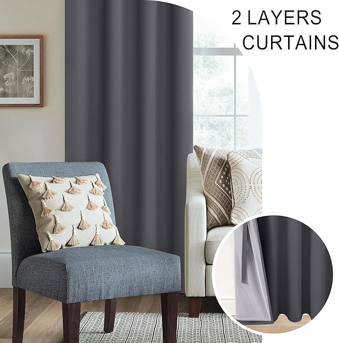 XWZO 100% Blackout Curtains 54 Inches Long with Tiebacks- Privacy Protection & Noise Blocking Window Draperies Grommet Top with Black Liner for Bedroom/Living Room, Dark Grey, W52 x L54, Set of 2