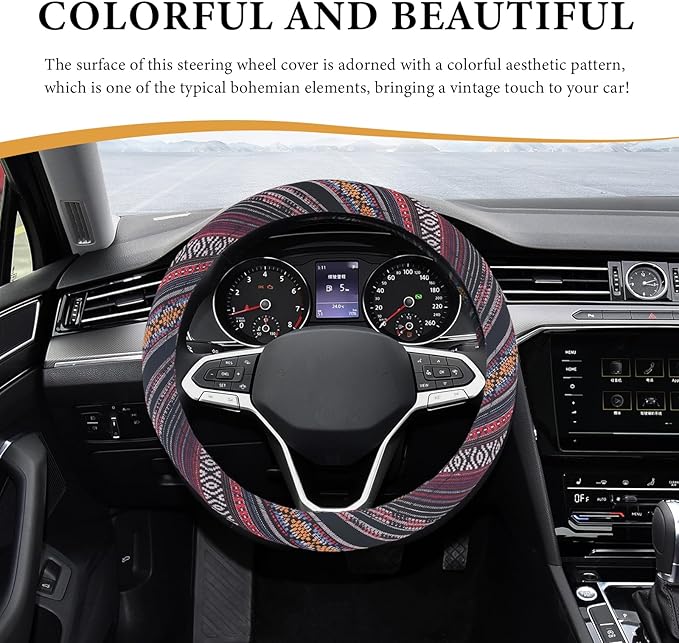 Boho Steering Wheel Cover, 15 Inch Coarse Flax Cloth Ethnic Style Anti-Slip Car Wheel Wrap, Universal Breathable Bohemian Steering Wheel Protector for Cars Vans Trucks (J)