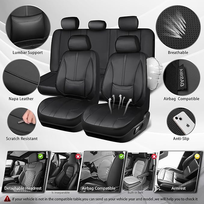 CAR PASS Nappa Leather Car Seat Covers Full Set, Water Resistant 3D Foam Faux Leather Seat Covers with Lumbar Support, Automotive Seat Covers 5 Seats Comfort & Universal Fit for Cars SUV Truck, Black