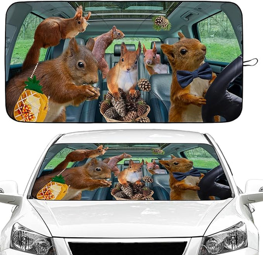 Funny Squirrel Car Windshield Sun Shade Foldable Sunshade Front Window Cover Sun Visor Protector Accessories (59x27.5 inches)