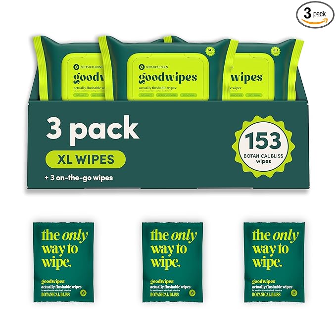 goodwipes Flushable Butt Wipes - Vitamin E & Aloe - Sewer & Septic Safe - Extra Large Adult Wet Wipes For Women & Men - Toilet Essential - Botanical Bliss, 153 Count (3 Packs + 3 Individually Wrapped)