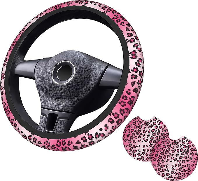Pink Leopard Print Steering Wheel Cover Cheetah Animal Steering Wheel Cover Anti-Slip Breathable Universal for 15 Inch Car with 2 Pieces Car Coasters Suitable for Men Women