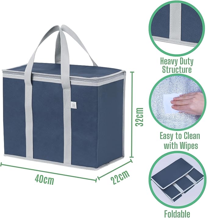 VENO 3 Pack Cooler Bag Insulated Reusable Grocery Shopping Bag, Food Delivery, Heavy Duty, Large Size, Durable Handles, Double Zippers, Lid, Collapsible (Dark Blue, 3 Pack)