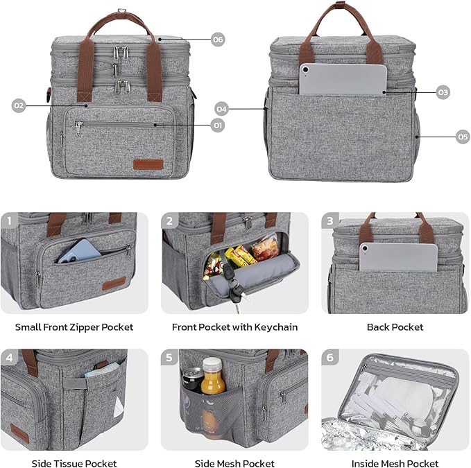 Maelstrom Lunch Box, 23L Insulated Lunch Bag, Expandable Double Deck Cooler Bag, Lightweight Leakproof Tote Bag With Side Tissue Pocket, Suit For Men and Women (B. Gray)