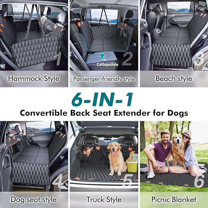 Chumajor Back Seat Extender for Dogs-Supports 400lb,Waterproof Dog Car Seat Cover Hard Bottom-Detachable,600D Heavy Duty Scratch Proof Nonslip Soft,Dog Hammock for Car,SUVs