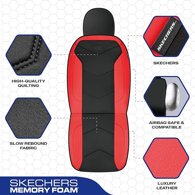 Skechers Memory Foam Seat Covers,Leather Car Seat Covers, Ultimate Comfort & Support Front Seat Covers Airbag Compatible, Automotive Universal Fit Most for SUVs, Vans, Sedans, Cars, Trucks,Red