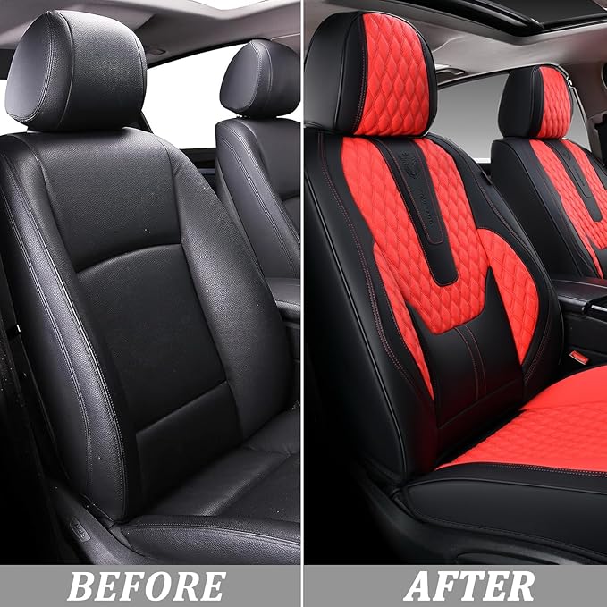 Coverado Car Seat Covers Front Seats, Luxury Faux Leather Seat Covers for Cars Waterproof Seat Covers with Lumbar Support, Car Seat Protector Universal Fit for Most Cars SUV Truck(Red&Black)