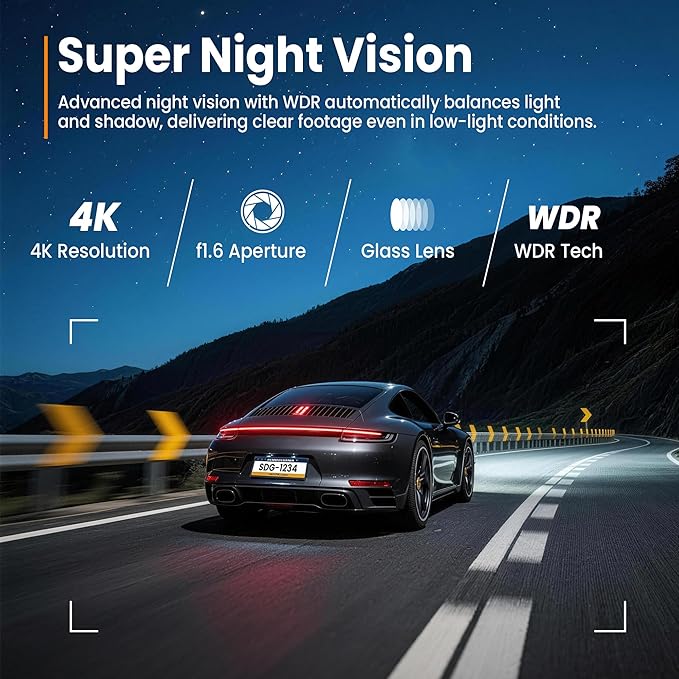 4K Dash Cam Front with Built-in WiFi, Dash Camera for Cars, 32GB Card Included, Super Night Vision Dash Camera, Loop Recording Car Camera, G-Sensor, 24H Parking Monitor, Supports Up to 256GB