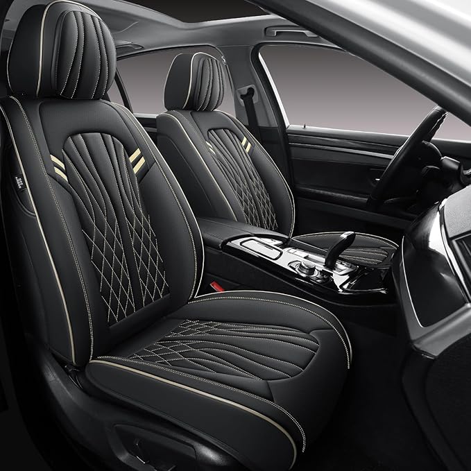 Leather Car Seat Covers 5 Pieces, Full Set Universal Seat Covers for Cars, Waterproof Nappa Leather Auto Seat Protectors, Black Car Seat Cover Most Sedans SUV Pick-up Truck Black&BeigeLine