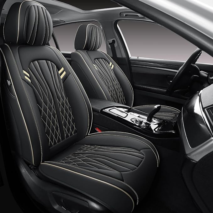Seat Covers for Cars, Waterproof Seat Covers, Leather Car Seat Covers 2 Pack, Universal Seat Cushion Protector for Most Cars Black&Beige Line