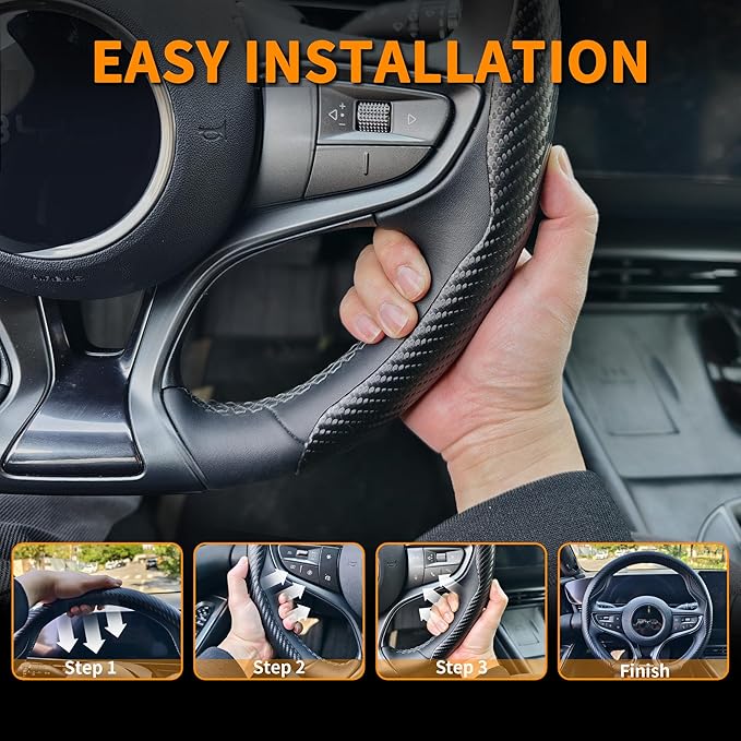 Carbon Fiber Steering Wheel Cover, Universal 15 Inch Snap On Car Steering Wheel Cover for Men/Women, Comfortable & Breathable Microfiber Car Accessories Interior (Black)