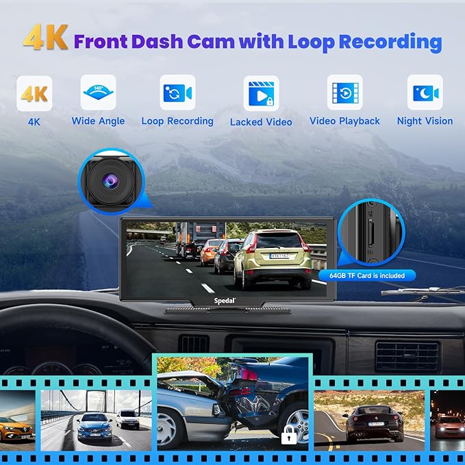 860 Portable CarPlay Screen with 4K Dash Cam Front and Rear- 9.3" Wireless Apple CarPlay ＆Android Auto Car Stereo, Bluetooth, GPS Navigation Head Unit,Car Stereo Receivers,1080p Backup Camera