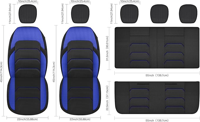 CAROMOP 3D Air Mesh Car Seat Covers Full Set,Breathable and Durable Seat Covers for Cars,Split Bench Compatible,Universal Fit for SUV,Vans,sedans, Trucks, Automotive Interior Covers(5-Seat Black/Blue)
