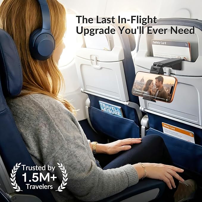Perilogics Airplane Phone Holder Mount Universal in Flight Hands Free Viewing with Multi-Directional Dual 360 Degree Rotation (Black/Black)