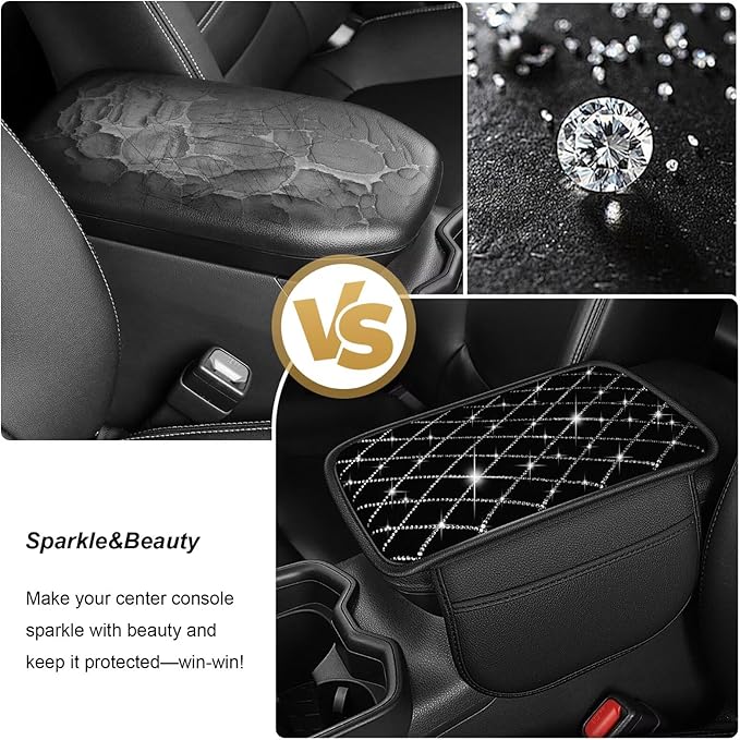 Bling Center Console Cover with 2 Side Pockets Fit for Venza Multi-Functional Car Armrest Cushion Diamond-Studded Rhombus Pattern Style(Black&Silver Diamond)