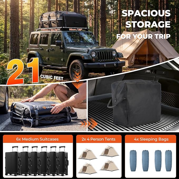 Car Roof Bag 21 Cubic Feet, Waterproof Rooftop Cargo Bag for Cars SUVs & Vans, 840D Heavy-Duty PVC, Universal Fit with or Without Roof Rack- Anti-Slip Mat，Combination Lock，6 Door Hooks，4 Extra Straps