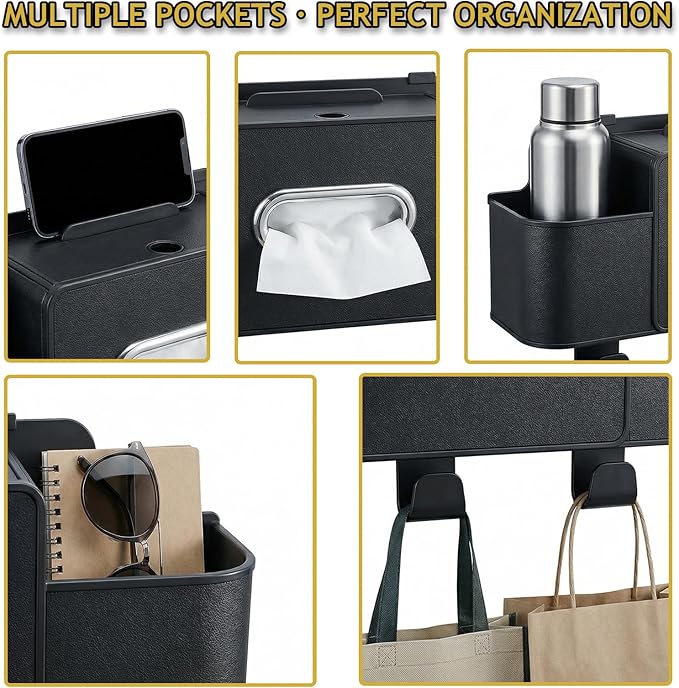 Backseat Car Organizer, 4 in 1 Multifunctional Car Back Seat Storage Organizer with Tissue Box, 2 Cup Holders, Phone Stand and Hooks, Automotive Seat Back Organizers (Black)