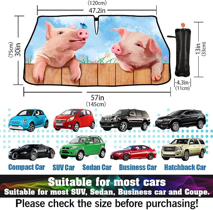 CHILL·TEK Funny Animal Car Windshield Sun Shade Umbrella, Cute Pig Car Sun Shade Umbrella, Block UV Rays Heat Foldable Windshield Umbrella Sun Visor Protector - Keep Vehicle Cool for Cars SUV
