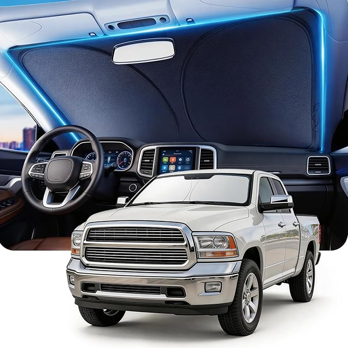 DMJN Windshield Sun Shade for Dodge RAM (2009-2018), Car Sunshade for Front Windshield [100% Efficient Block UV & Scorching Sun] UPF50+ Heat Block - Protect Interior & Keep Cooler
