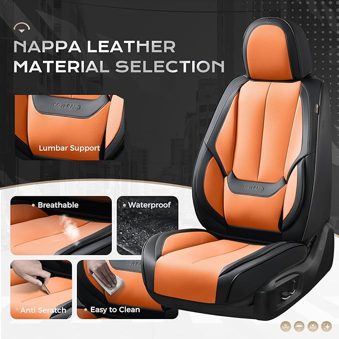 Coverado Seat Covers, Car Seat Covers Full Set, Leather Seat Covers for Cars, Car Seat Protector, Black Car Seat Covers Front Seats and Back Seats Universal Fit for Most Cars Orange