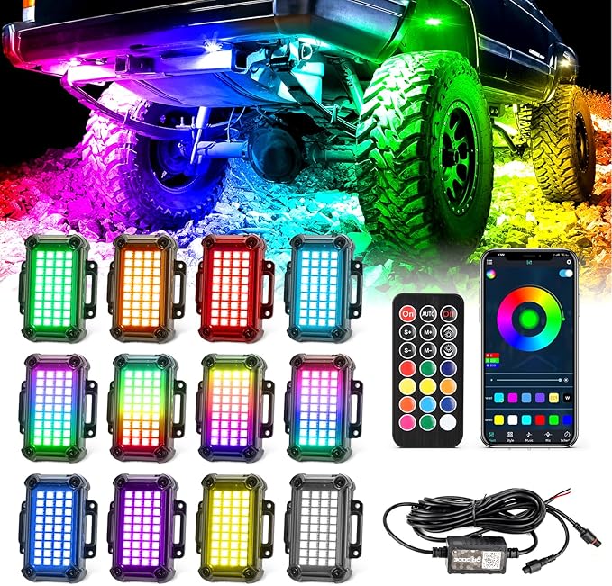 LED Rock Lights for Trucks 12pods, 212-Modes, Music Mode, Adjust Brightness & Speed RGB Rock Light for Jeep Trucks ATV UTV Offroad