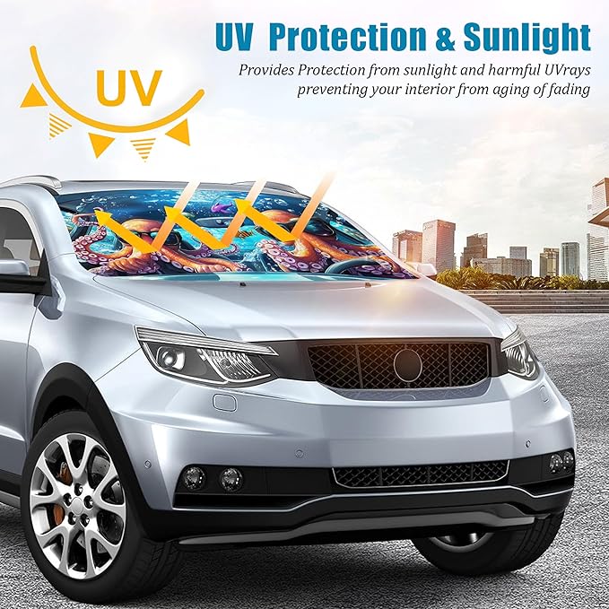 Funny Octopus Car Windshield Sun Shade Foldable Sunshade Front Window Cover Sun Visor Protector Accessories (59x27.5 inches)
