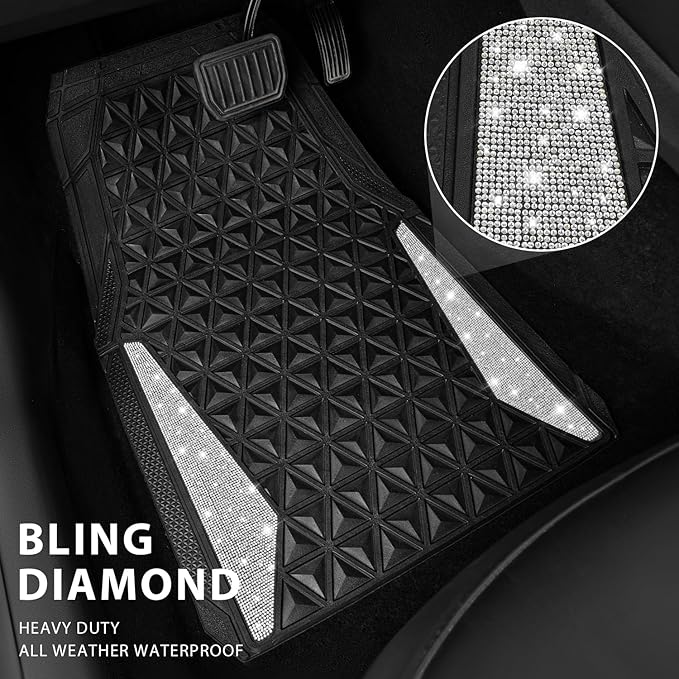 CAR PASS Bling Diamond Car Mats Rubber Floor Mats Full Set Anti-Slip 3D Rhombus Waterproof Trim to Fit Liner Universal Glitter Crystal Sparkly Shining Rhinestone Girl Women SUV Sedan, Silver Diamond