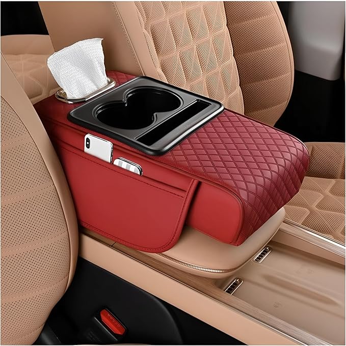 Zpana Car Center Console Armrest Pillow, Memory Foam Leather 4 in 1 Vehicle Arm Rest Cover with Tissue Box 2 Side Storage Bag Cup & Phone Holder, Auto Armrest Cushion, Universal Fit (Wine Red)